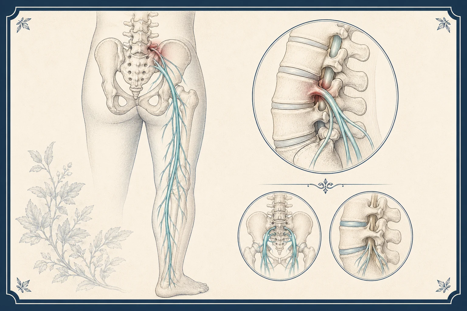 Calm patient education illustration for Sciatica
