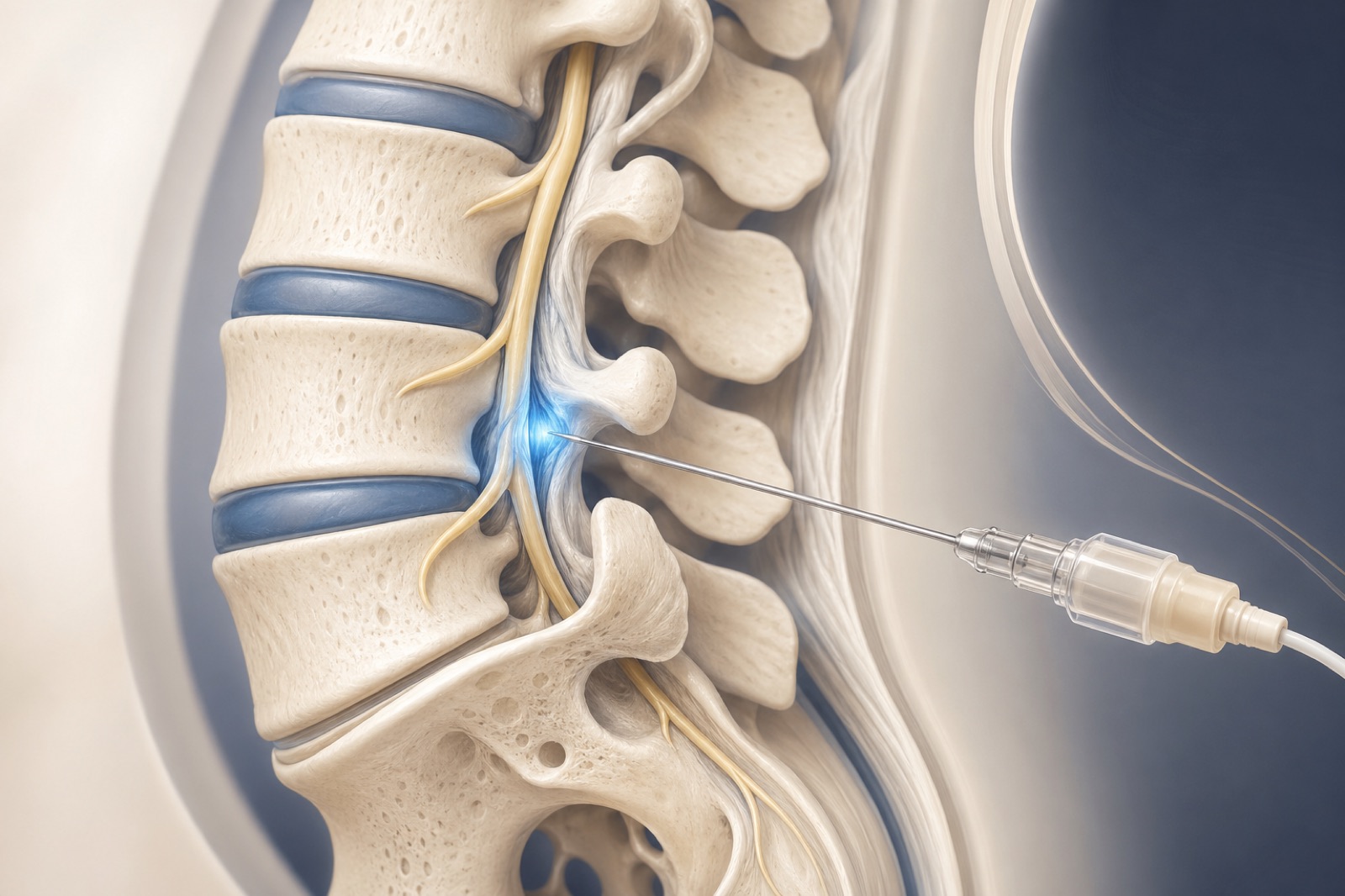 Calm medical illustration of interventional pain treatment