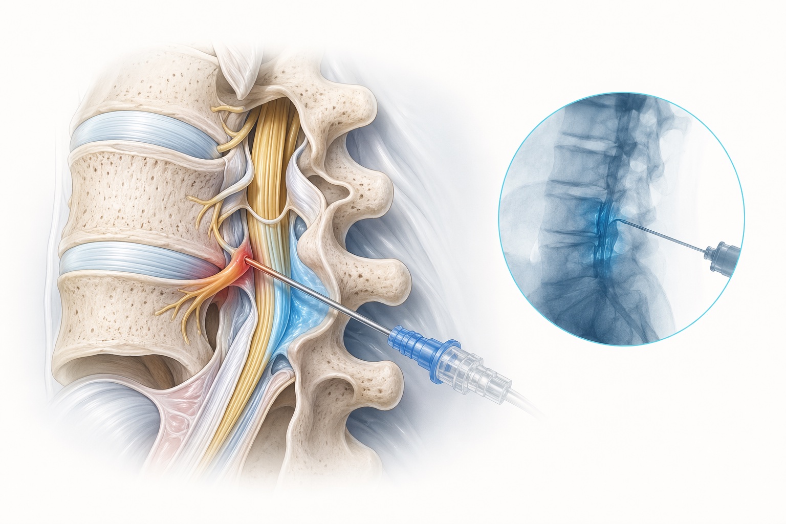 Medical illustration of lumbar epidural steroid injection