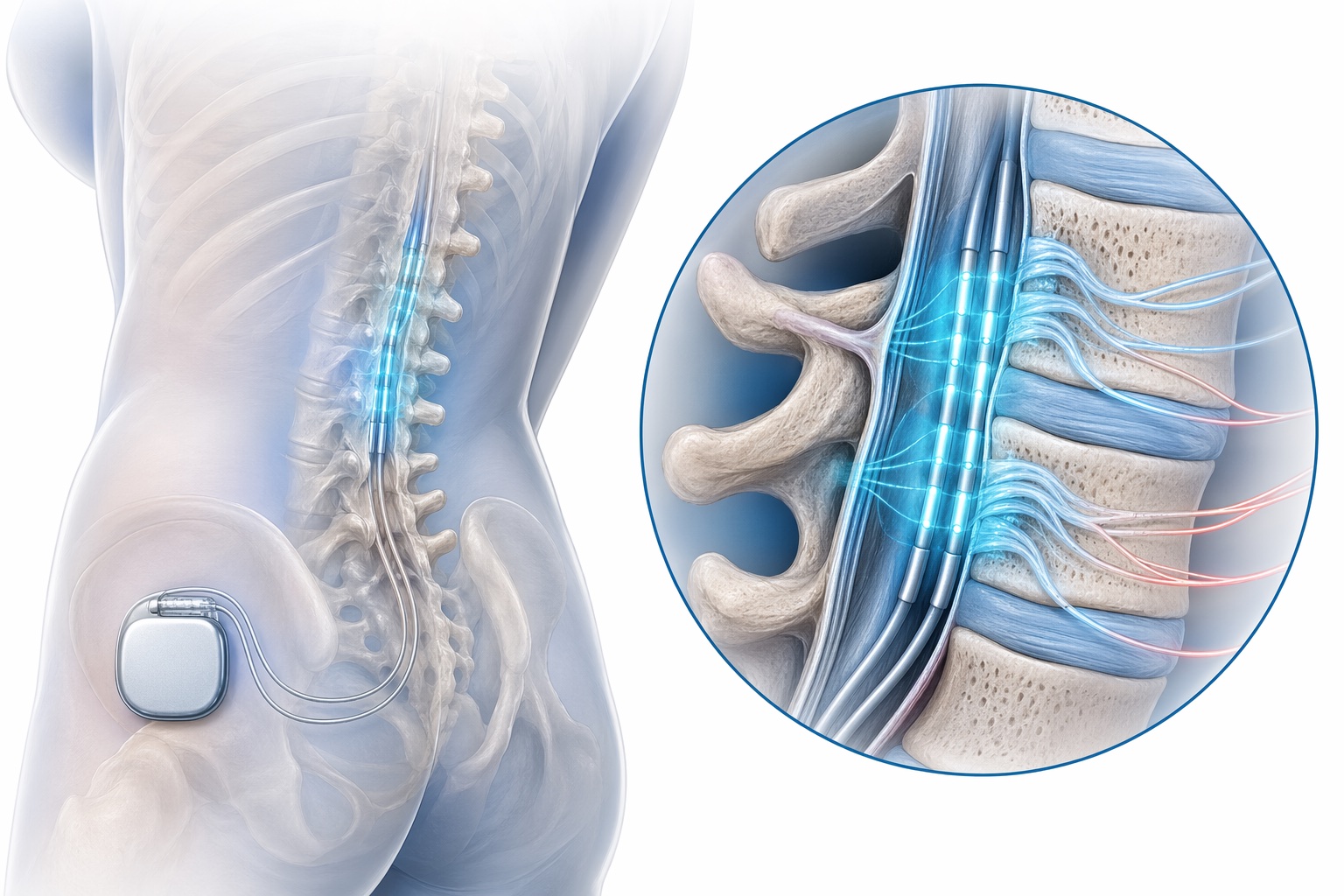 Medical illustration of spinal cord stimulation leads and pain signal modulation