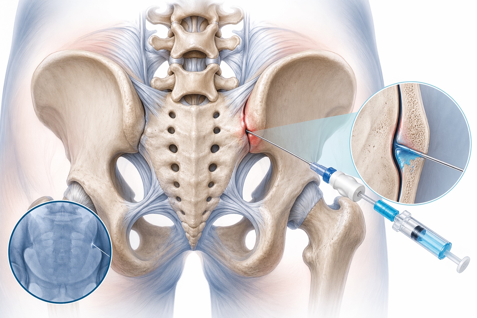 Medical illustration of sacroiliac joint injection